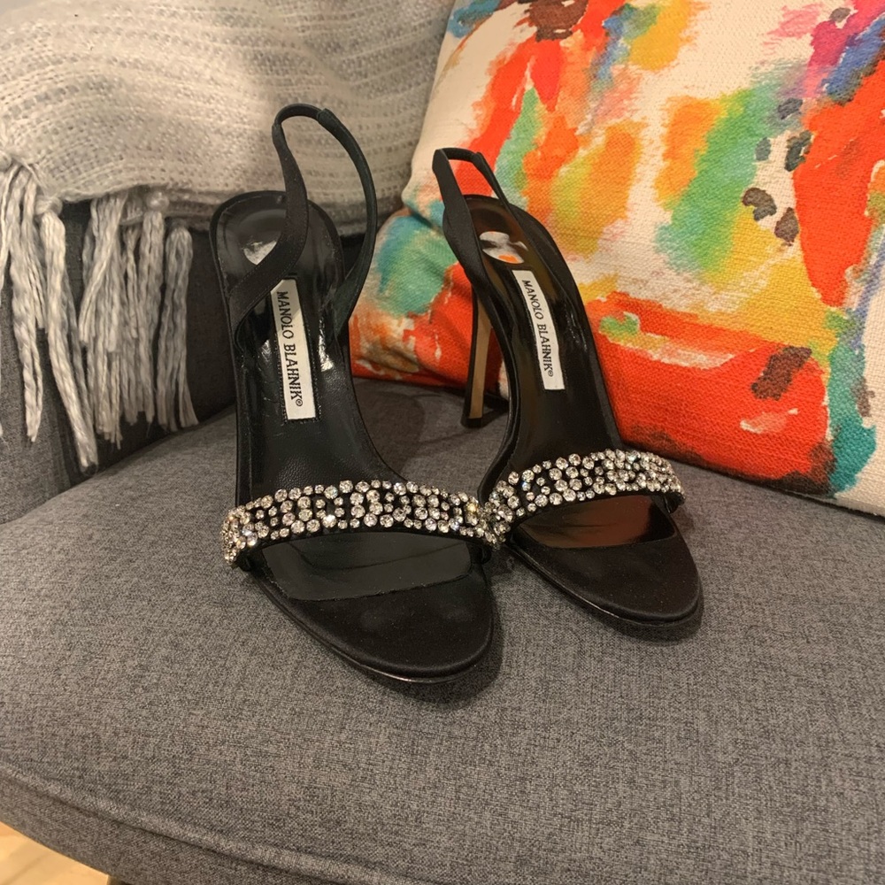 Manolo Blahnik Minchiric satin and rhinestone slingback 39.5